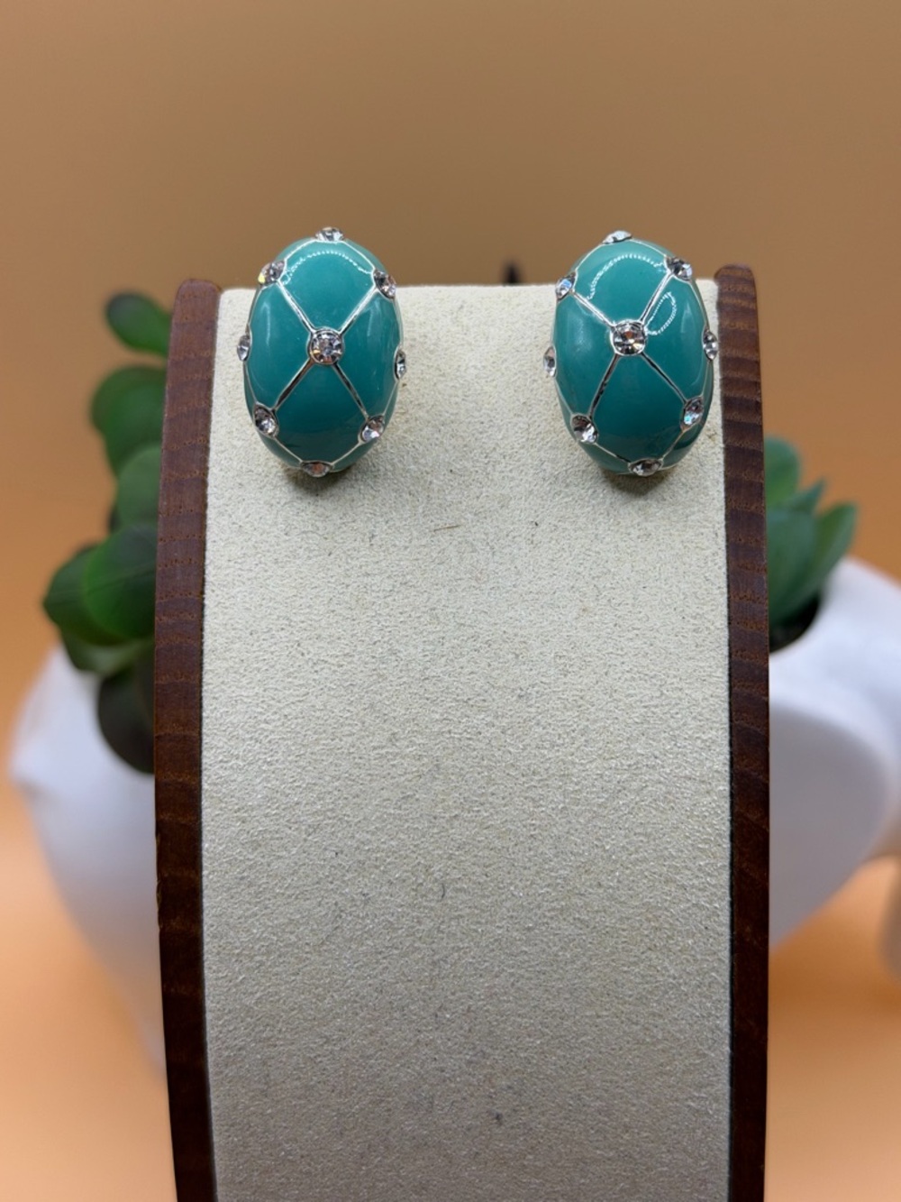 Vintage Teal Oval Enamel Clip-On Earrings - Elegant Women's Jewelry